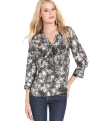 A bow tie adds a retro appeal to this Kensie printed blouse -- perfect for an on-trend office look!