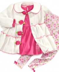 Super adorable 3-piece set by Kids Headquarters includes a jacket adorned with pink ruffle accent and pink roses, a fashionable pullover top, and flowery print leggings by Kids Headquarters. Super adorable 3-piece set by Kids Headquarters includes a jacket adorned with pink ruffle accent and pink roses, a fashionable pullover top, and flowery print leggings by Kids Headquarters.