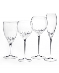 Inspired by the chic London neighborhood, Wedgwood Knightsbridge stemware features a delicately round shape with deep cuts around the bowl. The stem resembles a flower when viewed from above. Wine glass shown second from left. Inspired by the chic London neighborhood, Wedgwood Knightsbridge stemware features a delicately round shape with deep cuts around the bowl. The stem resembles a flower when viewed from above. Wine glass shown second from left.
