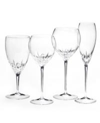 Inspired by the chic London neighborhood, Wedgwood Knightsbridge stemware features a delicately round shape with deep cuts around the bowl. The stem resembles a flower when viewed from above. Wine glass shown second from left.