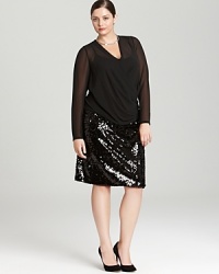 Update your LBD portfolio with this DKNYC Plus dress, comprised of a sheer draped bodice and sleek sequin skirt for pure modern edge. Amp up the shine factor with silver accents. Update your LBD portfolio with this DKNYC Plus dress, comprised of a sheer draped bodice and sleek sequin skirt for pure modern edge. Amp up the shine factor with silver accents.