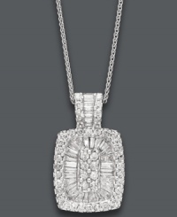 A pendant that stuns with its sparkling simplicity. Crafted from dozens of round and baguette-cut diamonds (1 ct. t.w.) and strung from a delicate, 14k white gold chain and setting, this style is perfectly suited for any occasion. Approximate length: 18 inches. Approximate drop: 3/4 inch. A pendant that stuns with its sparkling simplicity. Crafted from dozens of round and baguette-cut diamonds (1 ct. t.w.) and strung from a delicate, 14k white gold chain and setting, this style is perfectly suited for any occasion. Approximate length: 18 inches. Approximate drop: 3/4 inch.