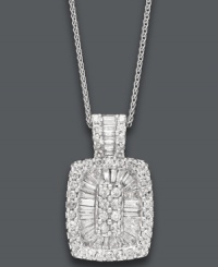 A pendant that stuns with its sparkling simplicity. Crafted from dozens of round and baguette-cut diamonds (1 ct. t.w.) and strung from a delicate, 14k white gold chain and setting, this style is perfectly suited for any occasion. Approximate length: 18 inches. Approximate drop: 3/4 inch.