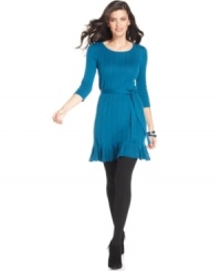 Pretty up your cold-weather wardrobe with this petite sweater dress from Spense. A flirty hemline and belted waist gives it a charming twist! Pretty up your cold-weather wardrobe with this petite sweater dress from Spense. A flirty hemline and belted waist gives it a charming twist!