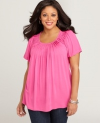 A pleated neckline lends a chic feel to Style&co.'s short sleeve plus size top-- it's an Everyday Value! A pleated neckline lends a chic feel to Style&co.'s short sleeve plus size top-- it's an Everyday Value!