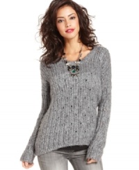 Metallic details add a modern appeal to this Kensie cable-knit sweater -- a hot layering piece! Metallic details add a modern appeal to this Kensie cable-knit sweater -- a hot layering piece!