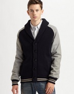 With inspirations from the game itself, this silhouette makes a major league style statement on and off the field, shaped with a contrast knit body and woven sleeves for a cozy, comfortable fit.Button-frontShawl collarSide slash pocketsRibbed knit cuffs and hemAbout 31 from shoulder to hemAcrylicDry cleanImported