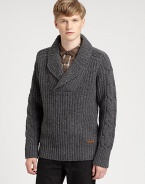 A shawl-collar sweater is impeccably knitted from superior wool, with cable knit detail at the sleeves for a classic finish to pullover sweater with modern-inspired style.Shawl collarRibbed knit cuffs and hemWoolDry cleanImported