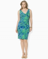 Flowing matte jersey accented with a vibrant, deep blue paisley print forms the flattering silhouette of Lauren by Ralph Lauren's sleeveless plus size dress, finished with a cowl neckline for chic, flawless elegance. Flowing matte jersey accented with a vibrant, deep blue paisley print forms the flattering silhouette of Lauren by Ralph Lauren's sleeveless plus size dress, finished with a cowl neckline for chic, flawless elegance.
