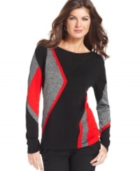 Get graphic in Jones New York's intarsia-knit sweater, featuring bold shocks of color. Dress it up with trousers or make it weekend-appropriate with your favorite jeans. Get graphic in Jones New York's intarsia-knit sweater, featuring bold shocks of color. Dress it up with trousers or make it weekend-appropriate with your favorite jeans.
