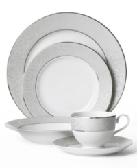 Clean, cool and marked by an understated elegance, Mikasa's fine china dinnerware and dishes collection features a soft gray border embellished with an intricate scroll design. Inner and outer borders of platinum perfect the look of the Parchment 5-piece place settings. Clean, cool and marked by an understated elegance, Mikasa's fine china dinnerware and dishes collection features a soft gray border embellished with an intricate scroll design. Inner and outer borders of platinum perfect the look of the Parchment 5-piece place settings.