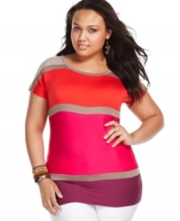 Take a dip in the season's color pool! Sporting blocks of potent hues, this plus size top from ING is a trend-right item for the fashion-loving girl! Take a dip in the season's color pool! Sporting blocks of potent hues, this plus size top from ING is a trend-right item for the fashion-loving girl!