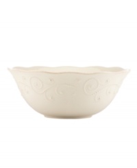 With fanciful beading and a feminine edge, this serving bowl from the Lenox French Perle white dinnerware collection has an irresistibly old-fashioned sensibility. Hard-wearing stoneware is dishwasher safe and, in a soft white hue with antiqued trim, a graceful addition to every meal. With fanciful beading and a feminine edge, this serving bowl from the Lenox French Perle white dinnerware collection has an irresistibly old-fashioned sensibility. Hard-wearing stoneware is dishwasher safe and, in a soft white hue with antiqued trim, a graceful addition to every meal.
