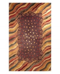 A polka dot pattern against a deep magenta background creates an abstract rug of rich, artistic beauty. A vivid, swirling border in a color palette that includes beige, burgundy, lavender and creme completes the rug with a resplendent finish. Made of plush wool. A polka dot pattern against a deep magenta background creates an abstract rug of rich, artistic beauty. A vivid, swirling border in a color palette that includes beige, burgundy, lavender and creme completes the rug with a resplendent finish. Made of plush wool.