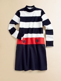 Rendered in ultra plush cotton, a striped mockneck top is connected to a solid skirt by a contrasting belt detail.MockneckLong sleevesPullovers styleDrop-waist with belt detailFull skirtCottonMachine washImported Rendered in ultra plush cotton, a striped mockneck top is connected to a solid skirt by a contrasting belt detail.MockneckLong sleevesPullovers styleDrop-waist with belt detailFull skirtCottonMachine washImported