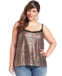 Steal the spotlight with Baby Phat's sleeveless plus size top, flaunting a sequined finish! Steal the spotlight with Baby Phat's sleeveless plus size top, flaunting a sequined finish!
