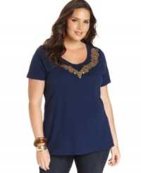 Upgrade your casual style with Lucky Brand Jeans' short sleeve plus size top, highlighted by a beaded neckline. Upgrade your casual style with Lucky Brand Jeans' short sleeve plus size top, highlighted by a beaded neckline.