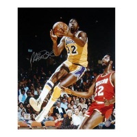Magic Johnson Autographed Picture - Yellow Jersey In Air vs Houston Vertical 16x20 - Autographed NBA Photos Magic Johnson Autographed Picture - Yellow Jersey In Air vs Houston Vertical 16x20 - Autographed NBA Photos