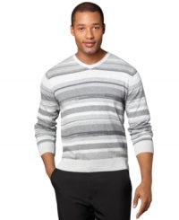 Layered or alone, this striped Van Heusen sweater gives you classic comfort and pulled-together style. Layered or alone, this striped Van Heusen sweater gives you classic comfort and pulled-together style.