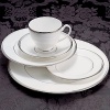 Double bands of shimmering platinum surround each piece of the Kilbarry Platinum pattern. This fine bone china is both understated and modern.