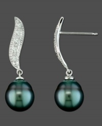 Perfect for a night out. These exotic earrings feature diamond accents and Tahitian pearl (8-9 mm) set in 14k white gold.  Approximate drop: 1 inch.