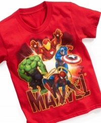 All-American style that will fight to refresh his look, this tee features his favorite Marvel superheroes. All-American style that will fight to refresh his look, this tee features his favorite Marvel superheroes.