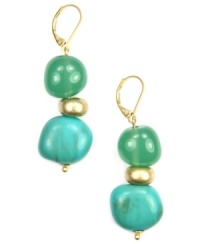 Cool as a piece of mint bubblegum, the turquoise tones of these plastic beaded earrings add a look of cool confidence. Jones New York's leverback earrings are crafted in worn gold-plated mixed metal. Approximate drop: 2-1/4 inches. Cool as a piece of mint bubblegum, the turquoise tones of these plastic beaded earrings add a look of cool confidence. Jones New York's leverback earrings are crafted in worn gold-plated mixed metal. Approximate drop: 2-1/4 inches.