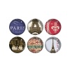Fringe glass magnets with varied Paris motifs. Set of 6 comes in gift box. Diameter of each is 1.5.
