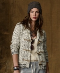 Denim & Supply Lauren Ralph Lauren's chunky knit cardigan is trimmed with wooden toggle closures and a cozy shawl collar for a down-to-earth look with an unexpected nautical edge. Denim & Supply Lauren Ralph Lauren's chunky knit cardigan is trimmed with wooden toggle closures and a cozy shawl collar for a down-to-earth look with an unexpected nautical edge.