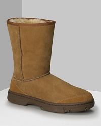 UGG® Australia ultimate short suede boots makes for a perfect cold weather accessory. The sheepskin interior provides undeniable comfort and warmth. Pull-on style. Rubber sole.