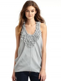 THE LOOKScoopneckFront shirred flowersFully linedSleevelessTHE FITAbout 30 from shoulder to hemTHE MATERIALPolyesterCARE & ORIGINDry cleanImportedModel shown is 5'10 (177cm) wearing US size Small. THE LOOKScoopneckFront shirred flowersFully linedSleevelessTHE FITAbout 30 from shoulder to hemTHE MATERIALPolyesterCARE & ORIGINDry cleanImportedModel shown is 5'10 (177cm) wearing US size Small.