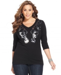 Let your casual style shimmer with Seven7 Jeans' three-quarter-sleeve plus size top, finished by a sequined front. Let your casual style shimmer with Seven7 Jeans' three-quarter-sleeve plus size top, finished by a sequined front.