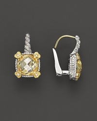 Cushion cut canary crystal stones set in sterling silver with gold heart accents. Designed by Judith Ripka. Cushion cut canary crystal stones set in sterling silver with gold heart accents. Designed by Judith Ripka.