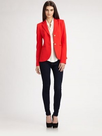 Fine crepe articulated in a tailored two-button blazer.Notched collarDefined shouldersButton frontWelt pocketsAbout 25 from shoulder to hem77% viscose/20% nylon/3% elastaneDry cleanMade in USA of Italian fabricModel shown is 5'10 (177cm) wearing US size 4. Fine crepe articulated in a tailored two-button blazer.Notched collarDefined shouldersButton frontWelt pocketsAbout 25 from shoulder to hem77% viscose/20% nylon/3% elastaneDry cleanMade in USA of Italian fabricModel shown is 5'10 (177cm) wearing US size 4.