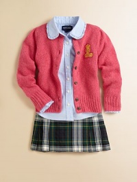A preppy, patched cardigan is knit in a luxuriously soft wool and angora blend.CrewneckLong sleevesButton-frontRibbed cuffs and hem88% wool/12% angoraDry cleanImported Please note: Number of buttons may vary depending on size ordered. A preppy, patched cardigan is knit in a luxuriously soft wool and angora blend.CrewneckLong sleevesButton-frontRibbed cuffs and hem88% wool/12% angoraDry cleanImported Please note: Number of buttons may vary depending on size ordered.