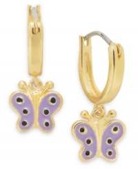 Just wing it! Lily Nily's children's drop hoop earrings feature a purple and black polka-dot enamel butterfly. Set in 18k gold over sterling silver. Item comes packaged in a signature Lily Nily Gift Box. Approximate drop: 3/4 inch. Approximate width: 3/8 inch. Just wing it! Lily Nily's children's drop hoop earrings feature a purple and black polka-dot enamel butterfly. Set in 18k gold over sterling silver. Item comes packaged in a signature Lily Nily Gift Box. Approximate drop: 3/4 inch. Approximate width: 3/8 inch.