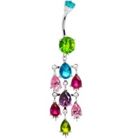 925 Sterling Silver Rainbow Cubic Zirconia Kaleidoscope Dangle Belly Ring