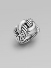 From the Cordelia Collection. Large intertwined knots of classic cable and smooth sterling silver elegantly grace the finger. Sterling silver Width, about 1 Made in USA 