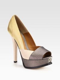 Colorblock peep toe silhouette in metallic lizard-print leather with a signature logo detail. Self-covered heel, 5¼ (130mm)Covered platform, 1¼ (30mm)Compares to a 4 heel (100mm)Metallic lizard-print leather upperPeep toeLeather lining and solePadded insoleMade in Italy Colorblock peep toe silhouette in metallic lizard-print leather with a signature logo detail. Self-covered heel, 5¼ (130mm)Covered platform, 1¼ (30mm)Compares to a 4 heel (100mm)Metallic lizard-print leather upperPeep toeLeather lining and solePadded insoleMade in Italy