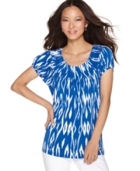 Go bold with Style&co.'s pleated top! Bright color and an on-trend ikat print freshen up this wardrobe staple. Go bold with Style&co.'s pleated top! Bright color and an on-trend ikat print freshen up this wardrobe staple.