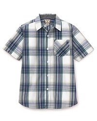 A cool, crisp summer look, the short sleeve button-down shirt is rendered in a large plaid, with topstitch accents and a patch pocket at the chest. A cool, crisp summer look, the short sleeve button-down shirt is rendered in a large plaid, with topstitch accents and a patch pocket at the chest.