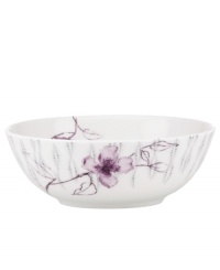 Blur the line between garden style and modern design with the Watercolors Amethyst bowl. Purple blossoms flourish against a playful dot pattern while the white coupe shape couples the sleek look and unparalleled durability of bone china. (Clearance) Blur the line between garden style and modern design with the Watercolors Amethyst bowl. Purple blossoms flourish against a playful dot pattern while the white coupe shape couples the sleek look and unparalleled durability of bone china. (Clearance)