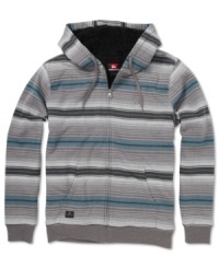 Tonal horizontal sherpa lined hoodie by Quiksilver with a splash of color to have you look fashionably keen. Tonal horizontal sherpa lined hoodie by Quiksilver with a splash of color to have you look fashionably keen.