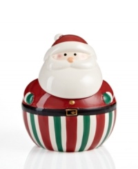 Round and irresistible, the Santa's Delight cookie jar from Gibson depicts jolly ol' St. Nicolas after a few too many treats. A striped base and cartoonish face add to his whimsical appeal. Round and irresistible, the Santa's Delight cookie jar from Gibson depicts jolly ol' St. Nicolas after a few too many treats. A striped base and cartoonish face add to his whimsical appeal.