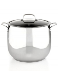 Kitchen stocked! Prep quick, dish it out & clean up easily with this stainless steel dishwasher-safe kitchen essential. With an aluminum encapsulated impact-bonded base, this pot heats up fast & evenly with a bell-shaped body that enhances moisture circulation for tender, flavor-rich results. Limited lifetime warranty. Kitchen stocked! Prep quick, dish it out & clean up easily with this stainless steel dishwasher-safe kitchen essential. With an aluminum encapsulated impact-bonded base, this pot heats up fast & evenly with a bell-shaped body that enhances moisture circulation for tender, flavor-rich results. Limited lifetime warranty.