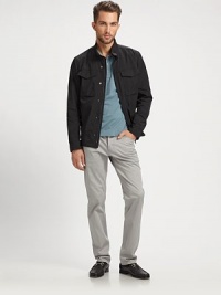 Lean and clean twill trousers with a touch of stretch to increase comfort and decrease wrinkles. Five-pocket style Inseam, about 33 98% cotton/2% polyurethane Machine wash Imported Lean and clean twill trousers with a touch of stretch to increase comfort and decrease wrinkles. Five-pocket style Inseam, about 33 98% cotton/2% polyurethane Machine wash Imported