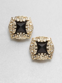 From the Lucite Teatro Moderne Collection. In the center, pyramids of hand-painted, hand-sculpted Lucite, richly framed by Swarovski crystals in a gleaming goldtone setting.CrystalLuciteGoldtoneWidth, about 1.9Clip-on backMade in USA From the Lucite Teatro Moderne Collection. In the center, pyramids of hand-painted, hand-sculpted Lucite, richly framed by Swarovski crystals in a gleaming goldtone setting.CrystalLuciteGoldtoneWidth, about 1.9Clip-on backMade in USA