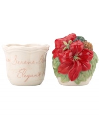 A season of entertaining and celebration will flourish with Winter Meadow salt and pepper shakers from Lenox. Red poinsettia blooms in ivory porcelain flower pots designed to complement the mix-and-match dinnerware collection. A season of entertaining and celebration will flourish with Winter Meadow salt and pepper shakers from Lenox. Red poinsettia blooms in ivory porcelain flower pots designed to complement the mix-and-match dinnerware collection.