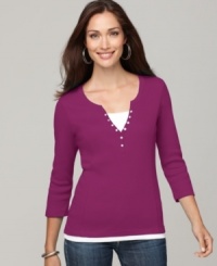 Get the look of layers without the fuss: Style&co. Sport's three-quarter-sleeve petite henley comes with a faux tank already attached! Get the look of layers without the fuss: Style&co. Sport's three-quarter-sleeve petite henley comes with a faux tank already attached!