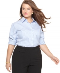 Looking office-chic just got easier with Jones New York Signature's long sleeve plus size shirt, crafted from wrinkle-resistant cotton. Looking office-chic just got easier with Jones New York Signature's long sleeve plus size shirt, crafted from wrinkle-resistant cotton.